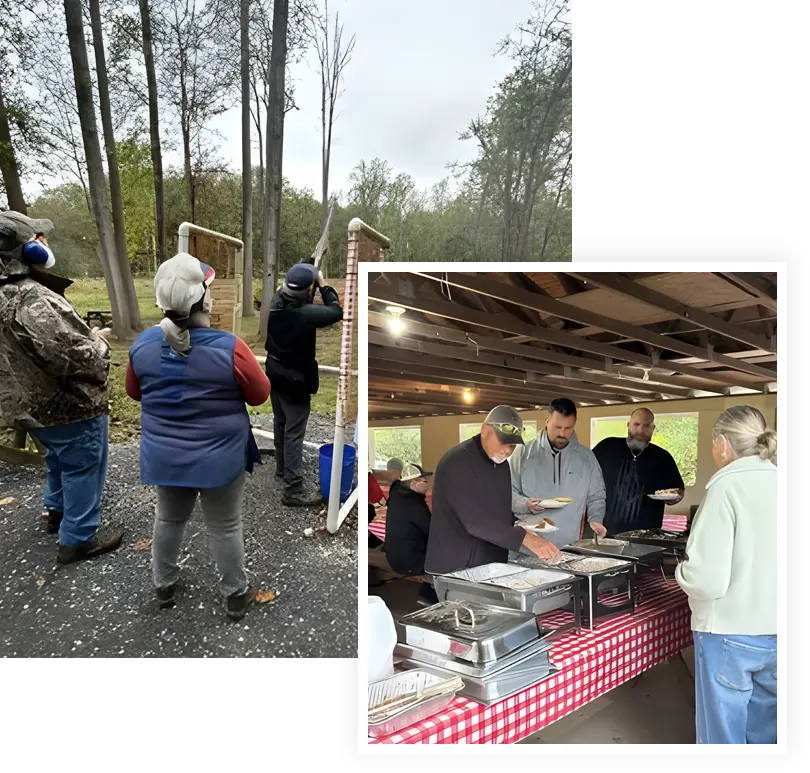 People shooting and eating at a gathering.